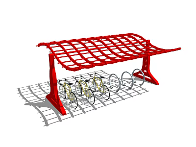 Red Pergola Style Bicycle Parking Shelter With Bike Racks And Parked Bikes 3d model