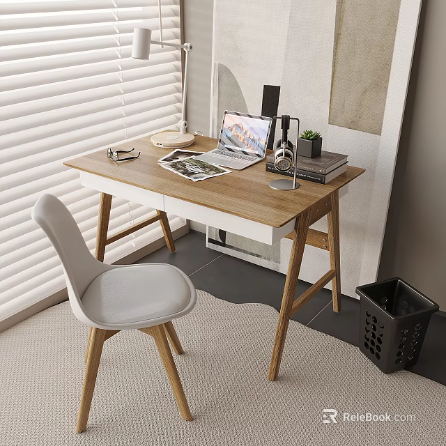 Modern Wooden Desk Setup With Laptop Books White Chair Wooden Legs And Blinds 3d model 