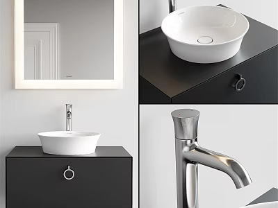 Modern Washbasin with White Basin Black Cabinet Circular Handle Silver Faucet and White Framed Mirror 3d model