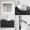 Modern Washbasin with White Basin Black Cabinet Circular Handle Silver Faucet and White Framed Mirror