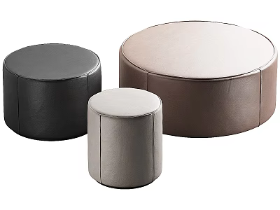 Three Round Leather Ottomans in Black Light Gray and Brown for Living Room 3d model