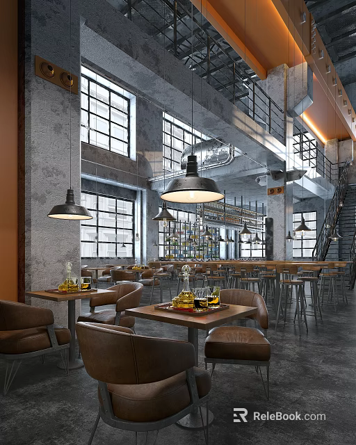 Industrial Style Restaurant Interior With High Windows Hanging Lights Bar Counter And Wooden Tables 3d model 