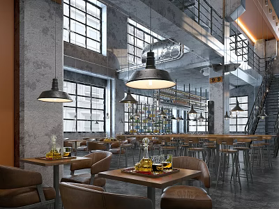 Industrial Style Restaurant Interior With High Windows Hanging Lights Bar Counter And Wooden Tables 3d model
