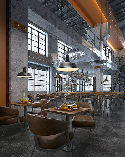 Industrial Style Restaurant Interior With High Windows Hanging Lights Bar Counter And Wooden Tables 3d model