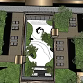 Modern Garden Landscape with Water Feature Green Plants and Glass Corridor near High Rise Building