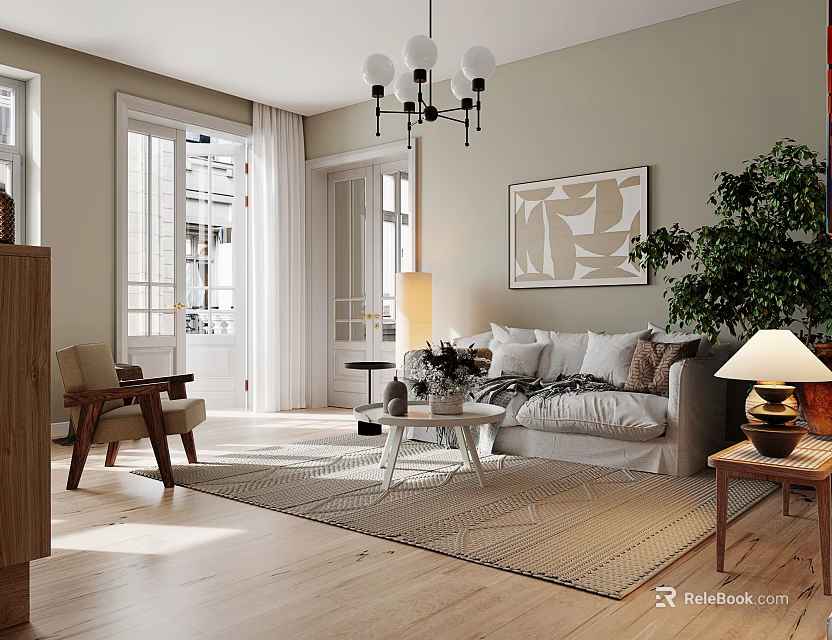 Bright Warm Nordic Style Living And Dining Room Interior With Natural Light And Cozy Furnishings 3d model 