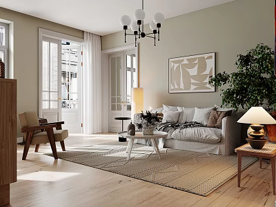 Bright Warm Nordic Style Living And Dining Room Interior With Natural Light And Cozy Furnishings 3d model