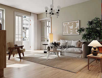 Bright Warm Nordic Style Living And Dining Room Interior With Natural Light And Cozy Furnishings 3d model