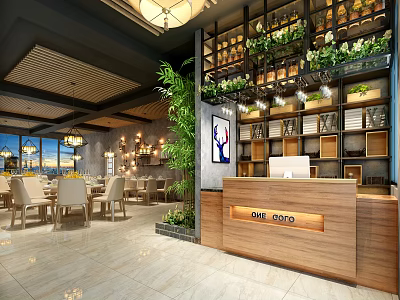 Modern Restaurant Interior Design with Wooden Reception Counter Wine Rack Green Plants and Chandeliers 3d model