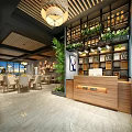 Modern Restaurant Interior Design with Wooden Reception Counter Wine Rack Green Plants and Chandeliers