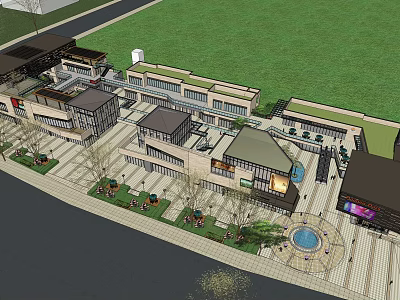 Modern Commercial Street With Green Lawn Trees Pedestrian Walkway And Square Shops 3d model