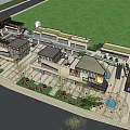 Modern Commercial Street With Green Lawn Trees Pedestrian Walkway And Square Shops