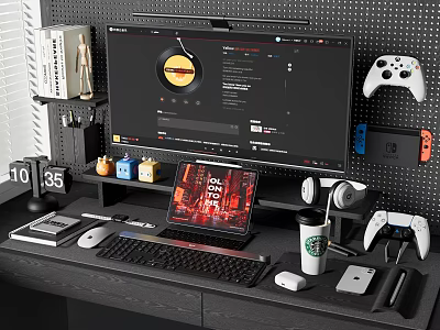 Modern Computer Workstation Setup with Monitor Laptop Keyboard Mouse Headphones and Game Controller on Desk 3d model