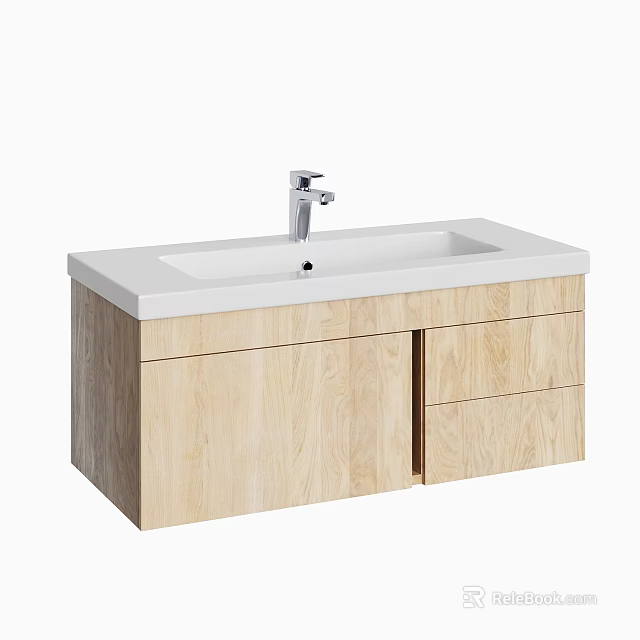 Stylish Modern Washbasin With White Countertop Silver Faucet And Light Wood Cabinet 3d model 