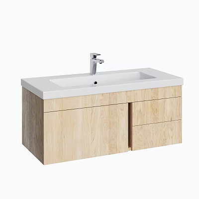 Stylish Modern Washbasin With White Countertop Silver Faucet And Light Wood Cabinet 3d model