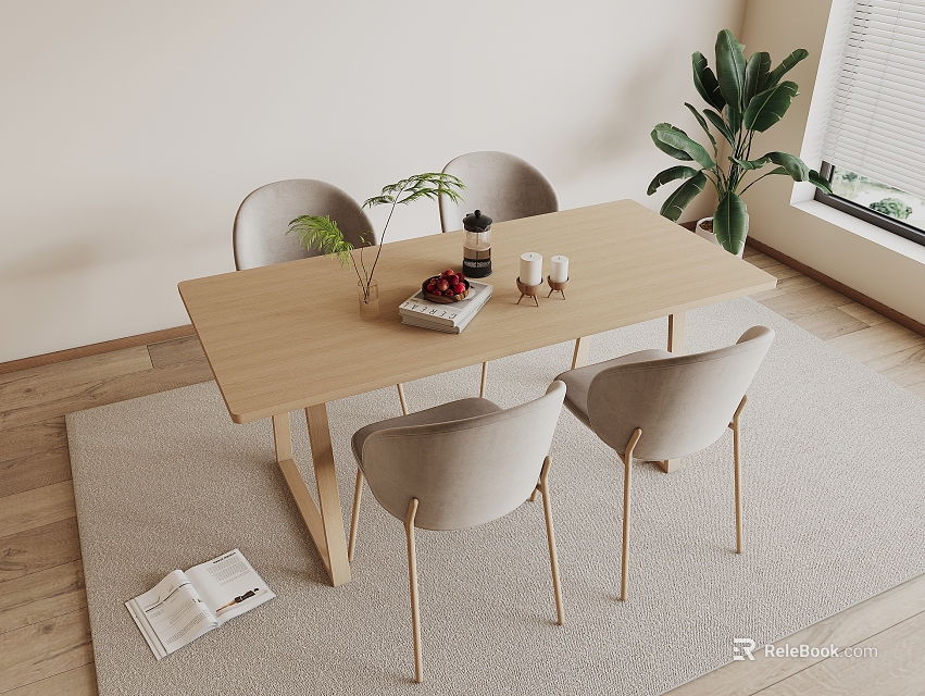 Modern Light Wood Table And Chair Set With Gray Seats And Plant On Rug 3d model 