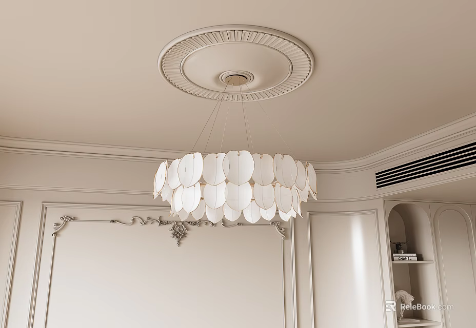 Elegant White Chandelier with Petal Design Hanging In Room With Decorative Ceiling And Wall Moldings 3d model 