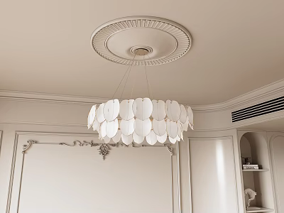 Elegant White Chandelier with Petal Design Hanging In Room With Decorative Ceiling And Wall Moldings 3d model