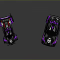 Two Black And Purple Racing Cars With Body Graphics And Rear Spoilers
