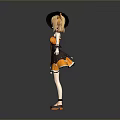 Woman Wearing Witch Hat And Yellow Black Dress With Lace Trimmed Skirt And Orange Shoes