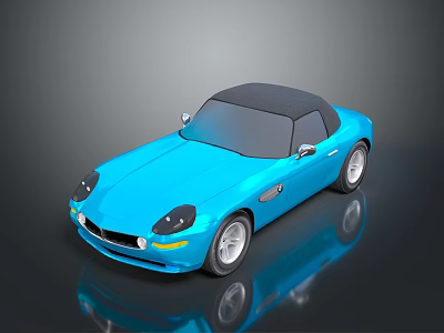 Shiny Blue Convertible Sports Car With Black Soft Top And Alloy Wheels 3d model