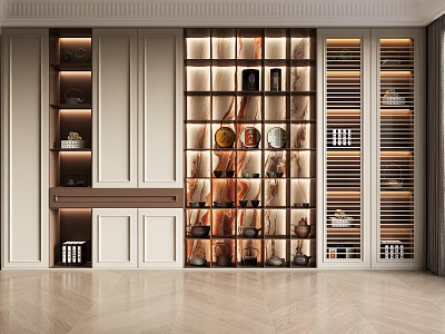 Modern Interior With White Cabinets Illuminated Open Shelving And Decorative Items 3d model