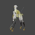 Game Movie Character In White Outfit Yellow Cape Black White Stripes And Spear Design