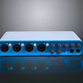 Professional Blue White Audio Interface With Multiple Ports Knobs And Indicator Lights