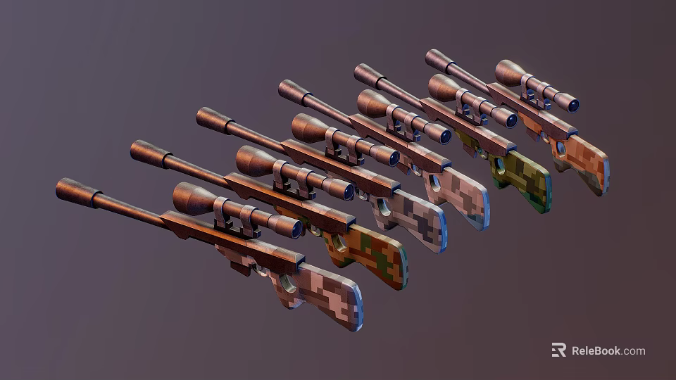 Multiple Assorted Camouflage Rifles Equipped With Scopes And Colorful Patterns 3d model 