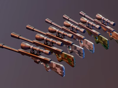 Multiple Assorted Camouflage Rifles Equipped With Scopes And Colorful Patterns 3d model