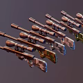 Multiple Assorted Camouflage Rifles Equipped With Scopes And Colorful Patterns