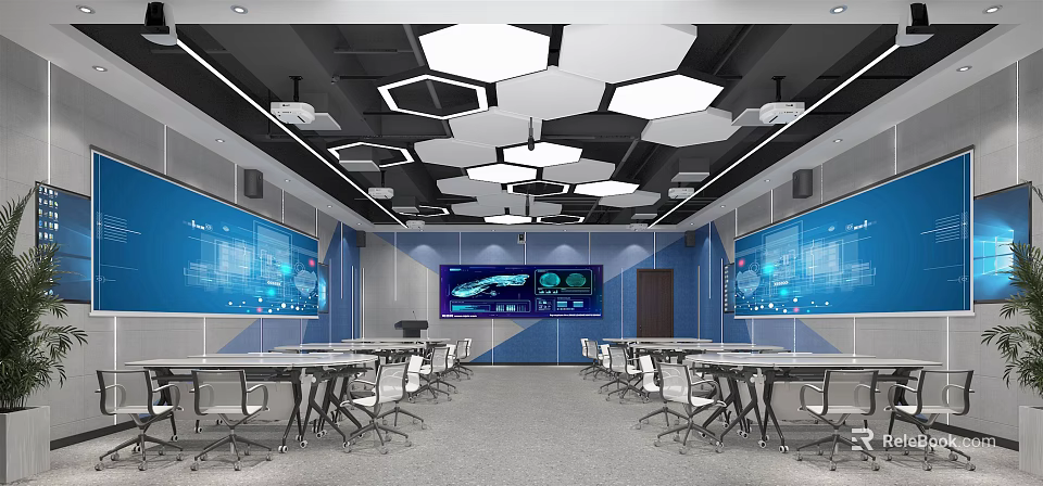 Modern School Smart Classroom With Large Interactive Screens And Ergonomic Student Desks 3d model