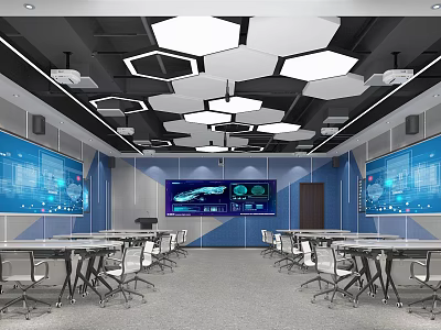 Modern School Smart Classroom With Large Interactive Screens And Ergonomic Student Desks 3d model