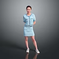 Woman in light blue short sleeve suit dress standing on gray background wearing white shoes