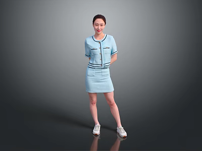Woman in light blue short sleeve suit dress standing on gray background wearing white shoes 3d model