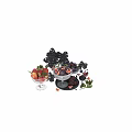Fresh Fruits Figs Grapes Apples Plums Blueberries Raspberries in Ceramic Bowls with Purple Hydrangea