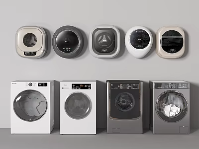 Modern Washing Machines Wall Mounted And Front Loading In White Gray Styles 3d model