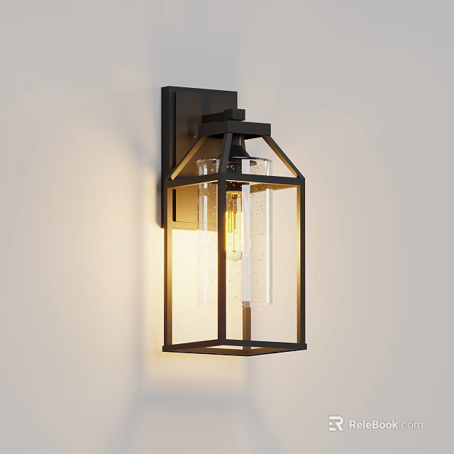 Modern Black Frame Wall Light With Clear Glass And Illuminated Bulb 3d model 