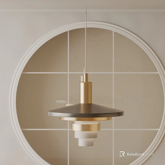 Modern Pendant Light with Gold Silver Metallic Details in Circular White Frame Beige Tiled Wall 3d model 