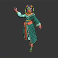 Dynamic Game Movie Character With Turquoise Robe Red Accents And Painted Face Headdress