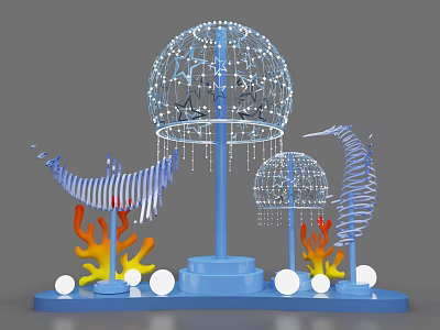Decorative Installation With Blue Base Spherical Ornaments Fishbone Structures Flame Shaped Decor And White Lights 3d model