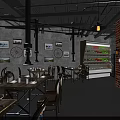 Industrial Style Restaurant Interior With Wooden Bar Metal Structures Dining Tables And Pendant Lights