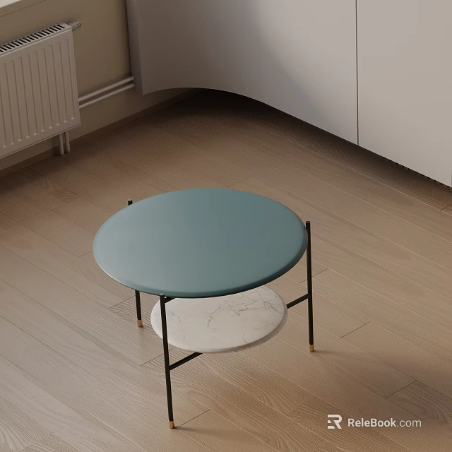 Modern Round Teal Leather Top Side Table With Black Metal Frame And Marble Shelf 3d model 