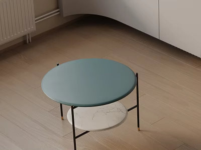 Modern Round Teal Leather Top Side Table With Black Metal Frame And Marble Shelf 3d model