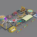 Colorful Amusement Park Rides Including Ferris Wheel Carousel Roller Coaster Swings Mini Train And Tower