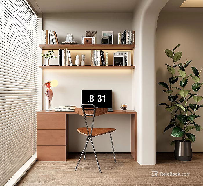 Modern Home Office Desk With Bookshelf Books Table Lamp Computer And Green Plant 3d model 