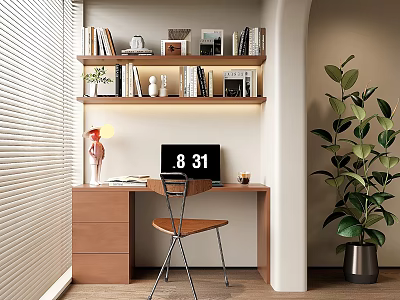 Modern Home Office Desk With Bookshelf Books Table Lamp Computer And Green Plant 3d model