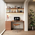 Modern Home Office Desk With Bookshelf Books Table Lamp Computer And Green Plant