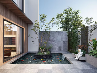 Modern Courtyard Garden Landscape With Koi Fish Pond Central Tree White Statue And Stone Pavement 3d model