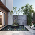 Modern Courtyard Garden Landscape With Koi Fish Pond Central Tree White Statue And Stone Pavement